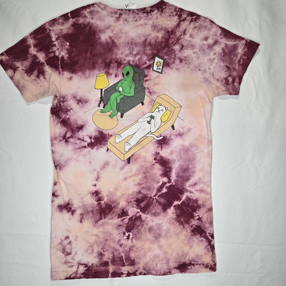 Rip N Dip T-Shirt Alien W/ Cat Therapy FunnyvPrint Tie-dye Multicolor SZ. Small